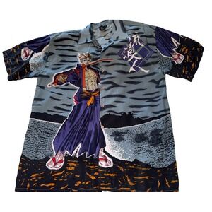 Notorious Anime Shirt Mens XL Gray Black Purple Button Up Graphic Polyester